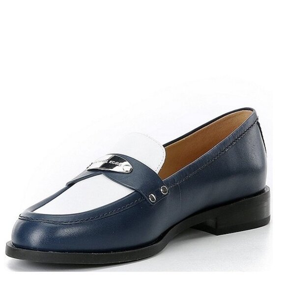 Michael Kors FINLEY Classic leather Loafers Navy and White Size 7 MK NEW in BOX - Picture 1 of 7